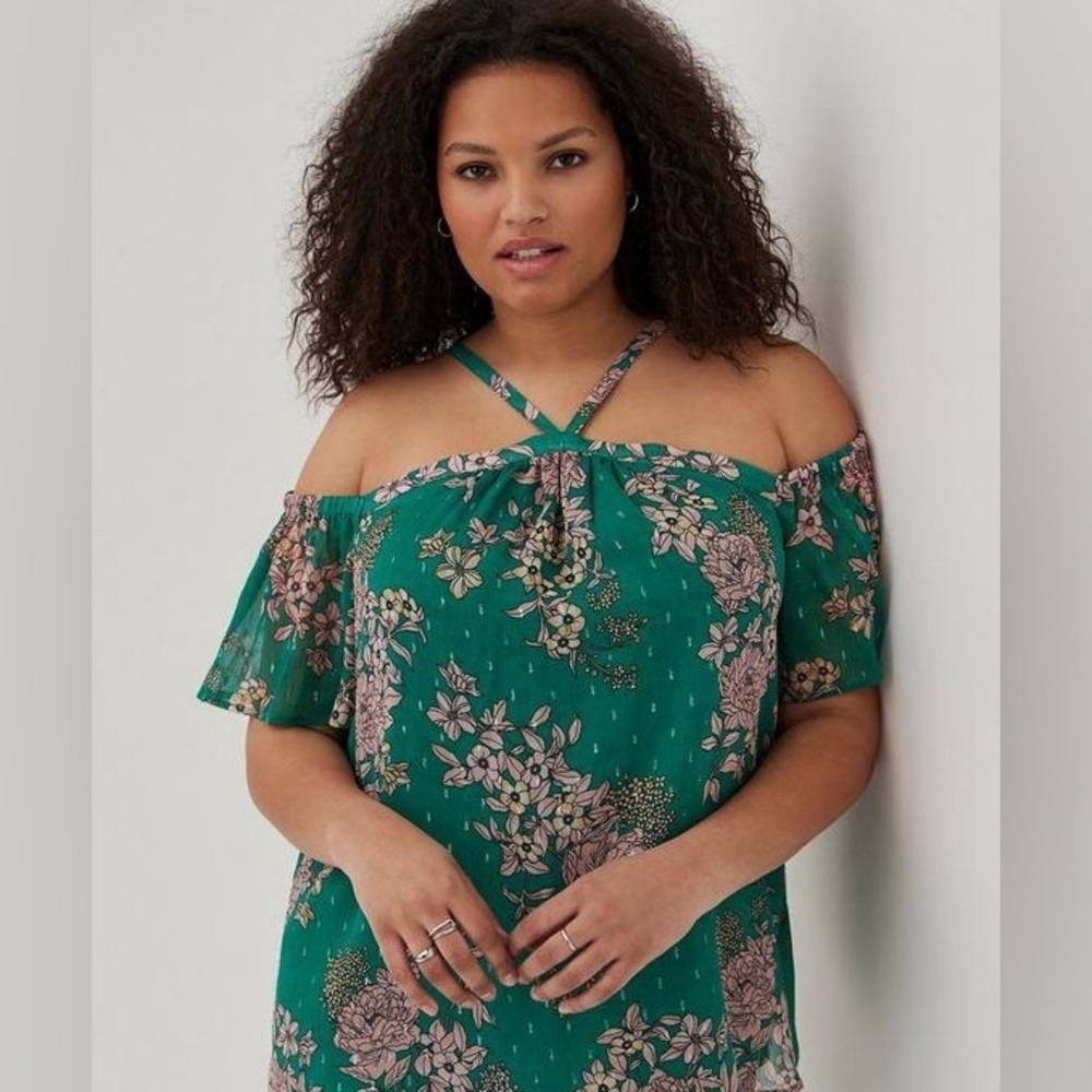 TORRID Green Floral Short Sleeve Chiffon Cold Shoulder Blouse | 3X NWT
